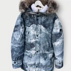 Michael Kors Unisex Gray Camouflage Puffer Jacket with Fur Hood